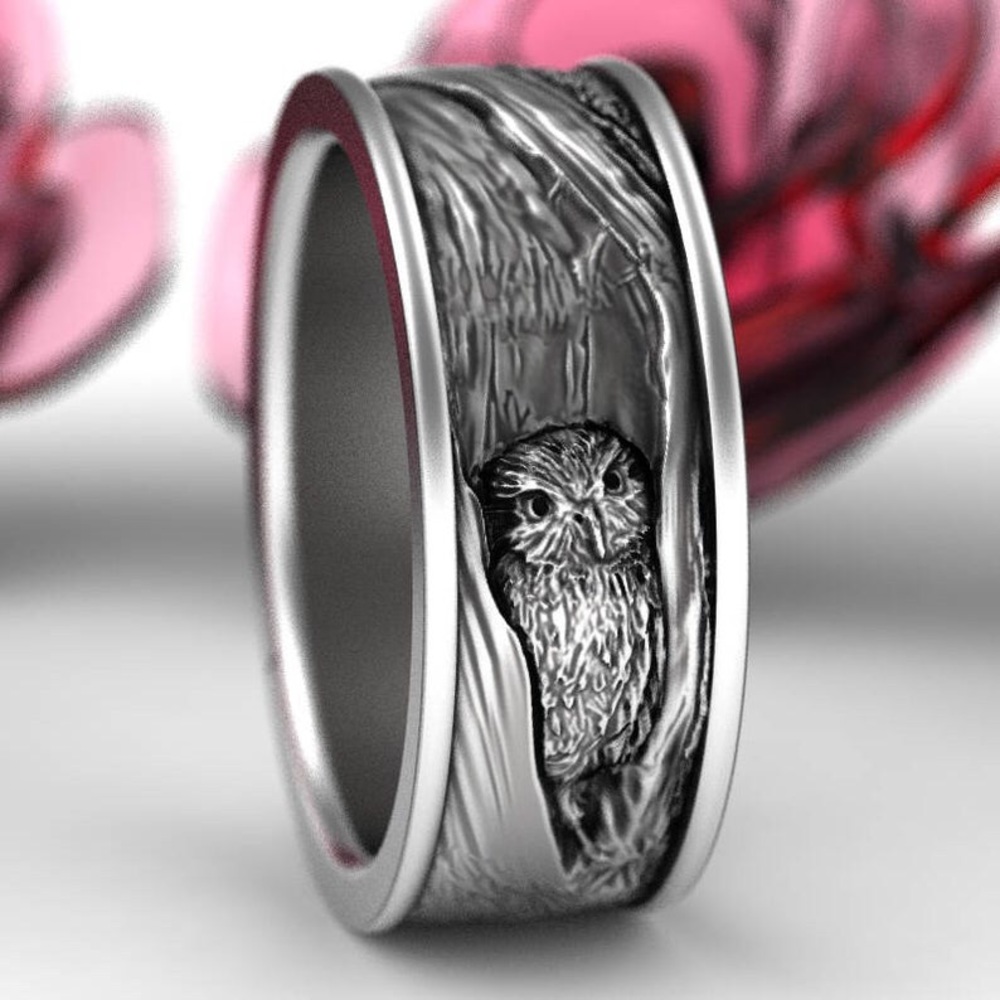 Stunning silver OWL in tree ring band DETAILING 11 - Picture 13 of 16